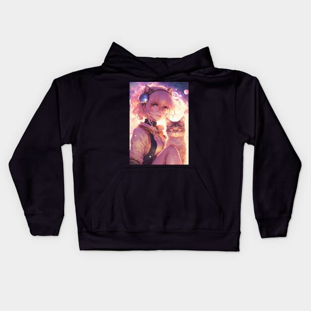 Cute Anime girl with her kawaii cat Kids Hoodie by GothicDesigns